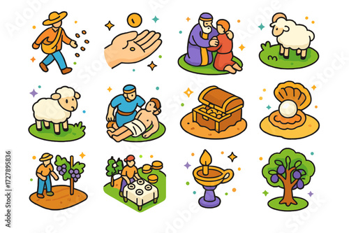 Parables Icons Collection. Parables. Colorful isometric vector icons set of Parables: sower with seeds, mustard seed, lost sheep, prodigal son, Good Samaritan,