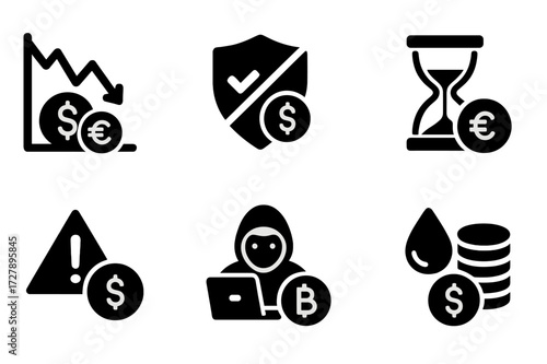 Exchange Rate Risks Icons. Solid, filled icon set of exchange rate risks: volatility, fraud, delay, error, hacking, scam, regulatory risk, liquidity risk.