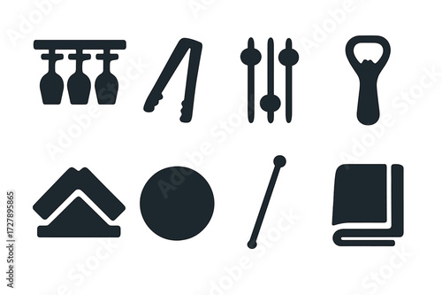 Bar Tools Icons. Solid, filled icon set of bitters bar tools and accessories: glass rack, ice tongs, cocktail picks, bottle opener, napkin holder, coaster,