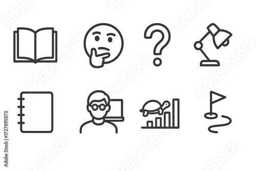 Patience Icon Set. Outline icon set of patience in learning: book, thinking face, question mark, study lamp, notebook, teacher, slow progress, milestone. Line