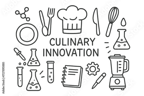 Culinary Science Doodles. Hand-drawn doodle illustration Culinary innovation chef hat, plate, fork, spoon, knife, whisk, molecular structure, flask, beaker,