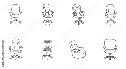Discover versatile office and lounge seating options with this collection of modern and classic chair line art, perfect for design projects.