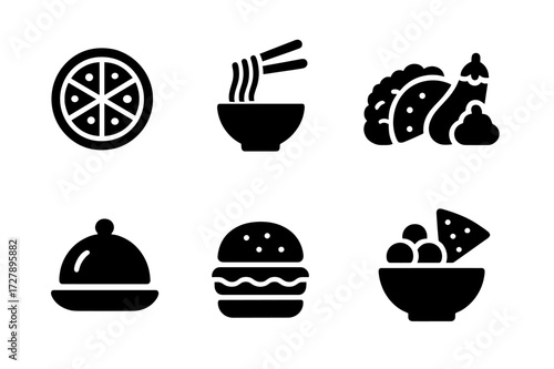 Buffet Cuisine Icons. Solid, filled icon set of buffet cuisine types: Italian, Asian, Mediterranean, Mexican, Indian, French, American, Middle Eastern. Solid,