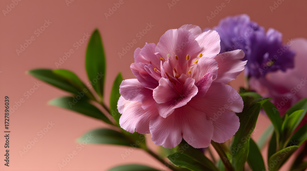 Fototapeta premium Azalea Blossom's Radiance: Capturing the delicate beauty of a vibrant azalea flower, it presents a symphony of color and intricate textures against a soft backdrop. A celebration of nature's artistry.