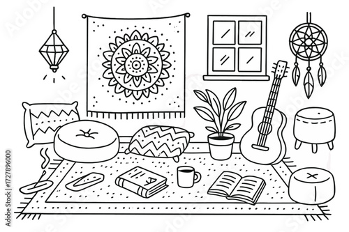 Bohemian Lounge Illustration. Hand-drawn doodle illustration Bohemian-style lounge floor cushion, tapestry, mandala, incense holder, hanging light, woven rug,