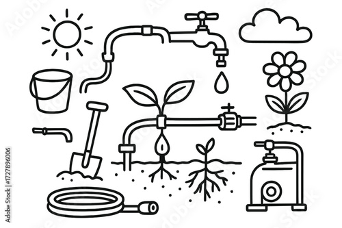 Drip Irrigation Doodle. Hand-drawn doodle illustration Drip irrigation method [hose, drip emitter, water droplet, plant, soil, leaf, shovel, bucket, pump,