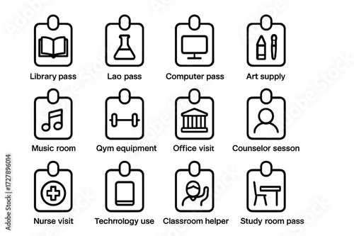 Classroom Access Icons. Classroom access. Line icon set of classroom access: library pass, lab pass, computer access pass, art supply pass, music room access,