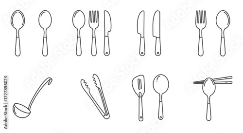 Essential kitchen utensils collection featuring spoons forks knives ladles tongs spatulas and chopsticks for culinary art and dining presentations