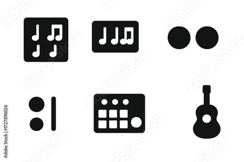 Beat Icons Grid. Solid, filled icon set of beat types: / beat, syncopated beat, triplet beat, double time, halftime, breakbeat, electronic beat, acoustic beat.