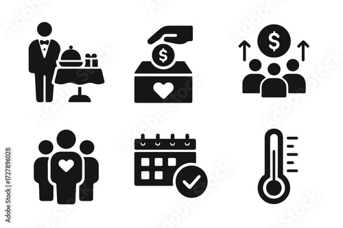 Fundraising Icon Grid. Solid, filled icon set of fundraising activities: charity gala, donation drive, crowdfunding campaign, sponsorship, online fundraiser,