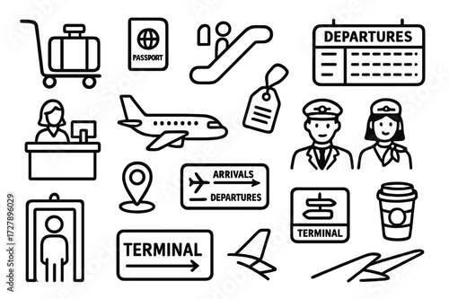 Airport Doodle Icons. Hand-drawn doodle illustration airport departure luggage trolley, passport, boarding gate, escalator, departure board, check-in counter,