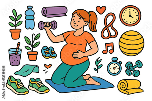 Pregnancy Workout Doodle. Pregnancy workout. Colorful Hand-drawn doodle Children illustration Pregnant woman, yoga mat, water bottle, dumbbells, stability