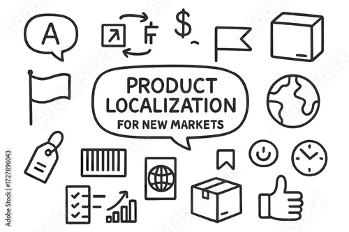 Localization Doodle Icons. Hand-drawn doodle illustration product localization for new markets language bubble, translate icon, currency symbol, packaging,