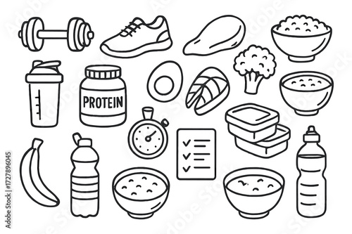 Fitness Meal Prep Doodles. Hand-drawn doodle illustration Fitness meal prep dumbbell, running shoe, chicken breast, broccoli, rice bowl, shaker bottle, protein