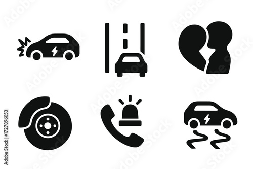 EV Safety Icons Grid. Solid, filled icon set of EV safety features: collision warning, lane assist, airbags, braking system, camera sensor, emergency call,