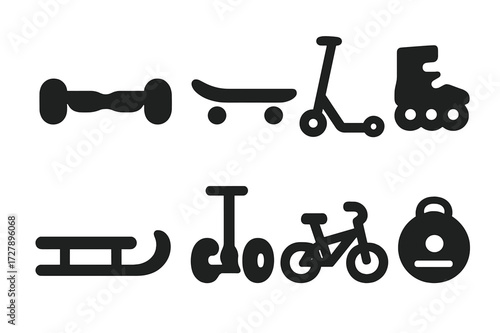 Glide Transportation Icons. Solid, filled icon set of glide transportation: hoverboard, skateboard, scooter, rollerblades, sled, segway, glide bike, electric