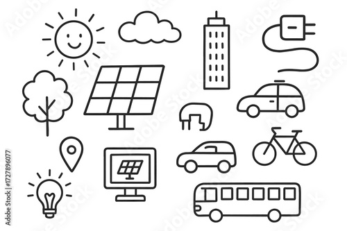 Solar City Doodle. Hand-drawn doodle illustration solar power for cities solar panel, skyscraper, car, bus, bicycle, cloud, sun, tree, streetlight, battery,