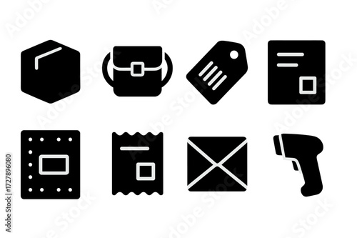 Shipment Icon Set. Solid, filled icon set of tiny shipment: mini box, courier satchel, barcode tag, mailing label, padded parcel, shipping receipt, taped