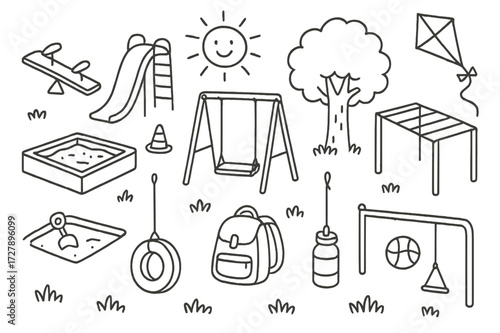 Playground Doodle Icons. Hand-drawn doodle illustration [playground equipment with seesaw] [slide, swing, seesaw, climbing frame, sandbox, tire swing, monkey