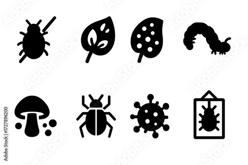 Bean Plant Pest Icons. Solid, filled icon set of bean plant diseases and pests: aphid, leaf spot, powdery mildew, caterpillar, fungus, insect, virus, pest