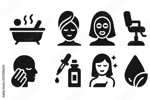 Cream Lifestyle Icons. Solid, filled icon set of cream lifestyle: spa, relaxation, skincare routine, beauty salon, self-care, hydration,