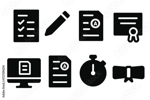 Study Tools Icons. Solid, filled icon set of study assessments: test paper, pencil, grade sheet, certificate, diploma, computer screen, report card, stopwatch.