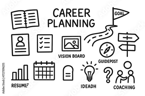 Career Planning Doodles. Hand-drawn doodle illustration [career planning] [notebook, roadmap, arrow, goal flag, resume, checklist, calendar, vision board,