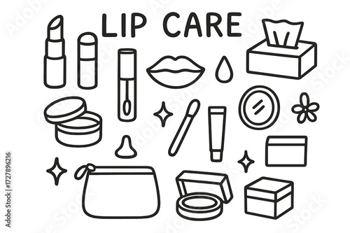 Lip Care Essentials. Hand-drawn doodle illustration Lip Care [lipstick, lip balm, lip gloss, open lip balm jar, brush, lips outline, compact, mirror, tissue