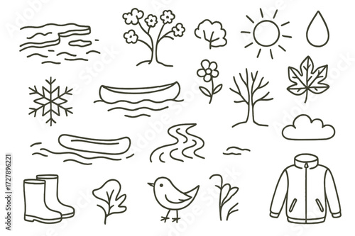 Seasonal River Doodle. Hand-drawn doodle illustration [river during the seasons] [frozen river, melting ice, blooming tree, sun, raindrop, autumn leaf,