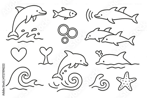 Dolphin Doodle Icons. Hand-drawn doodle illustration [dolphin behavior] [jumping dolphin, fish, sonar lines, bubble rings, pod of dolphins, heart, fluke, swim
