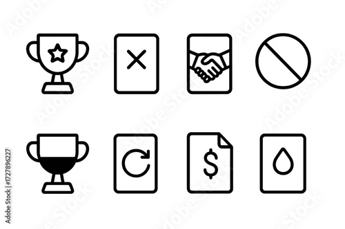 Bet Outcome Icons. Outline icon set of bet outcomes: win, lose, draw, void, push, partial win, partial lose, refund. Line icons in only black color, consistent