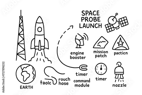 Space Probe Doodle. Hand-drawn doodle illustration [Space probe launch] [probe, rocket, launch tower, solar panels, antenna, Earth, trajectory, mission patch,