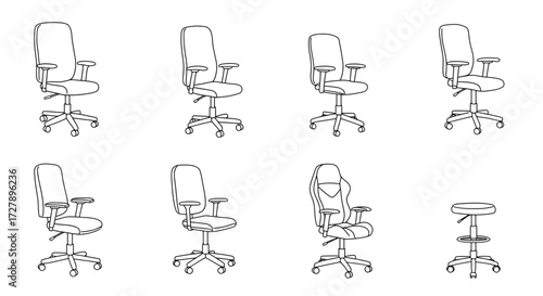 Versatile collection of office chairs, perfect for illustrating workplace comfort, ergonomic design, and furniture variety in modern office spaces and design projects