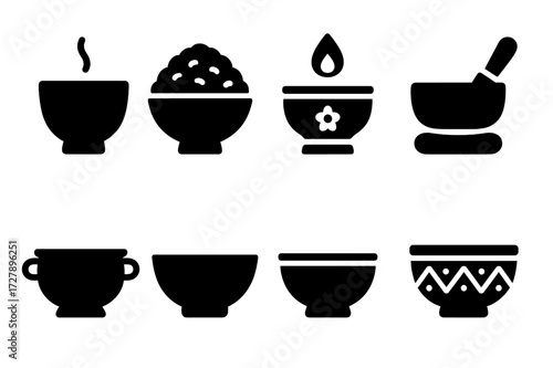 Cultural Bowls Icon Set. Solid, filled icon set of bowls in cultural contexts: tea bowl, rice bowl, ceremonial bowl, meditation bowl, offering bowl, cooking