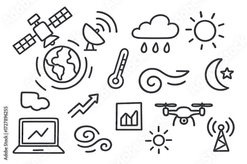 Weather Satellite Doodles. Hand-drawn doodle illustration Weather satellites orbiting satellite, globe, radar waves, cloud, raindrop, thermometer, sun, moon,