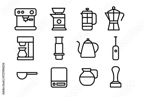 Coffee Equipment Icons. Coffee equipment. Line icon set of coffee equipment: espresso machine, grinder, French press, moka pot, drip coffee maker, AeroPress,