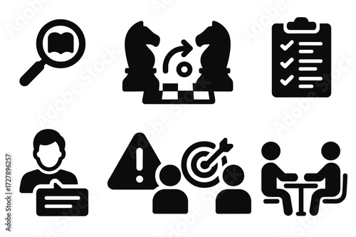 Negotiation Icons Grid. Solid, filled icon set of negotiation preparation: research, strategy, planning, checklist, briefing, risk assessment, objective
