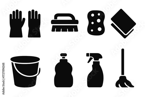 Cleaning Tools Icons. Solid, filled icon set of scrubbing gloves and tools: rubber gloves, scrub brush, sponge, cleaning cloth, bucket, soap bottle, spray