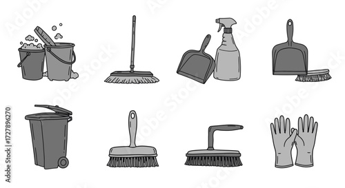 Cleaning tools collection offers a fresh start, presenting essentials for home care, sanitation, and creating a spotless environment, promoting cleanliness and hygiene