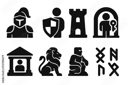 Guardian Icon Set. Solid, filled icon set of guardians: armored knight, shield bearer, watchtower, gatekeeper, temple guardian, mystical lion, enchanted