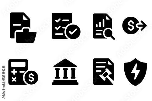 Fund Admin Icon Set. Solid, filled icon set of fund administration: document filing, compliance check, audit report, transaction processing, fee calculation,