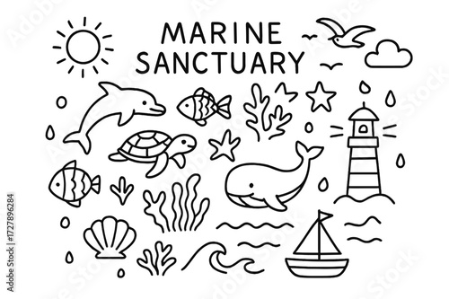 Marine Sanctuary Doodle. Hand-drawn doodle illustration Marine Sanctuary [fish, dolphin, turtle, whale, coral, seaweed, shell, wave, starfish, sun, cloud,
