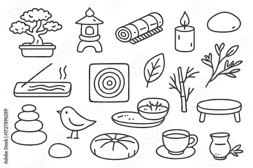 Zen Doodle Decor. Hand-drawn doodle illustration [zen-inspired biophilic decor] [bonsai tree, stone lantern, bamboo mat, candle, smooth pebble, incense holder,