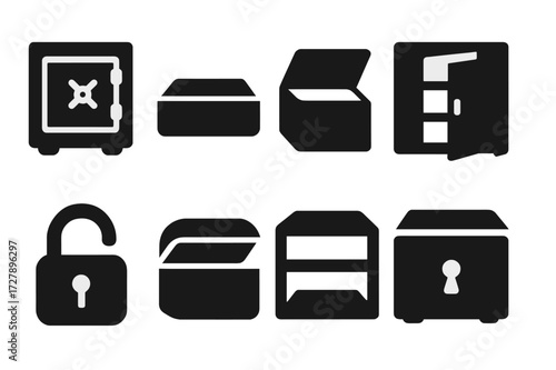 Empty Safe Icons. Solid, filled icon set of no contents safe: open vault, empty deposit, unlocked box, bare shelf, open door, key unlocked, empty chest, no