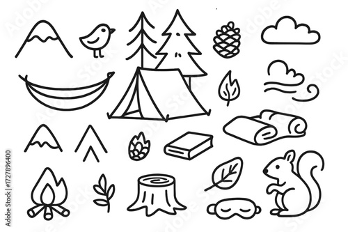 Forest Nap Retreat. Hand-drawn doodle illustration Forest nap retreat [pine tree, tent, hammock, bird, mountain, pinecone, campfire off, closed book, sleeping