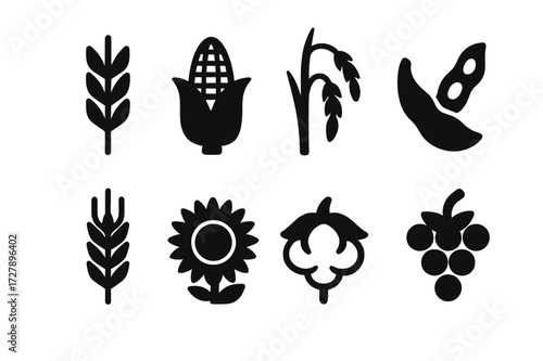 Crop Icons Grid. Solid, filled icon set of crop types: wheat stalk, corn cob, rice plant, soybean pod, barley spike, sunflower, cotton boll, grape cluster.