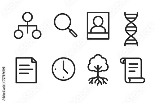 Genealogy Icon Set. Outline icon set of genealogy: family tree, magnifying glass, old photo, DNA strand, document, clock, tree roots, scroll. Line icons in