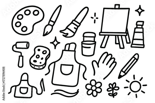 Art Tools Doodle. Hand-drawn doodle illustration Painter palette, paintbrush, canvas, easel, paint tube, roller, bucket, star, spark, pencil, sponge, apron,