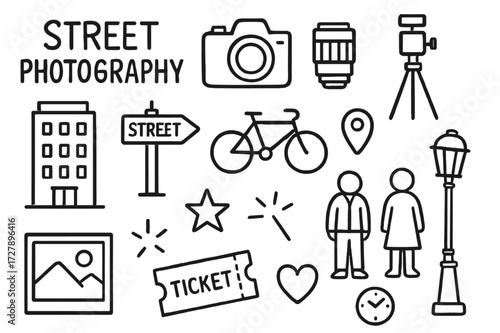 Street Photography Doodles. Hand-drawn doodle illustration Street photography showcase camera, lens, tripod, city building, street sign, bicycle, people icons,