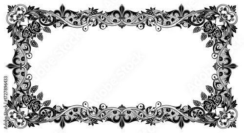 Elegant vintage ornamental frame with roses and fleur de lis for decorative design projects